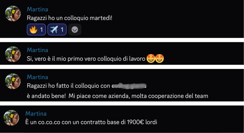 Messaggi di Martina durante il percorso